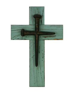 Tianen Factory Wood Cross in Turquoie Color Religious Statue Solid Wood Wall Cross with Black Metal Decoration