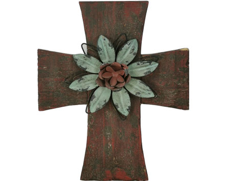 Cross on the Wall Collection with Metal Flower and Stick Dark Red Bark Wall Decor