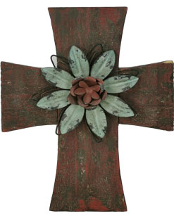 Cross on the Wall Collection with Metal Flower and Stick Dark Red Bark Wall Decor