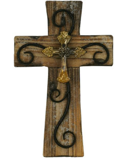 Byzantine Cross Wood Decoration Wall Cross Unique Rustic Natural Color Solid Wood with Golden Metal Decoration