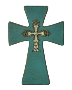 Design-mkt Wood Cross in Turquoie Color Religious Statue Solid Wood Wall Cross with Golden Metal and White Diamand Decoration