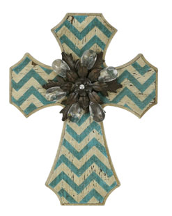 Amazon Wood Cross in Blue Stripe Religious Statue Solid Wood Wall Cross with  Metal Flower and Crystal  Decoration