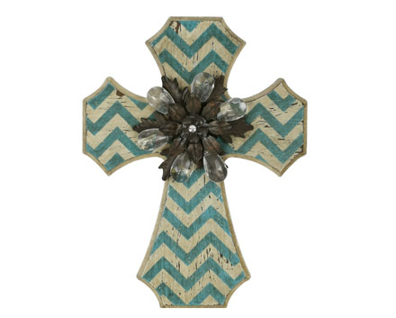 Amazon Wood Cross in Blue Stripe Religious Statue Solid Wood Wall Cross with  Metal Flower and Crystal  Decoration
