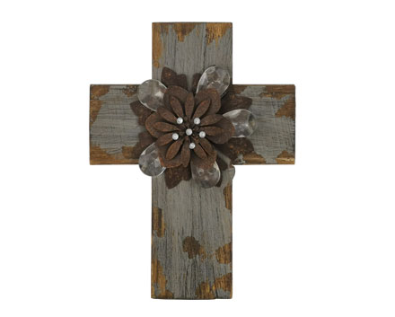 Rakuten Cross on the Wall Collection with Metal Flower and Stick Dark Red Bark Wall Decor