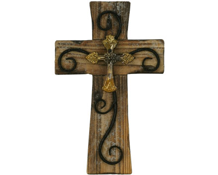 Byzantine Cross Wood Decoration Wall Cross Unique Rustic Natural Color Solid Wood with Golden Metal Decoration