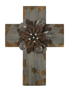 Rakuten Cross on the Wall Collection with Metal Flower and Stick Dark Red Bark Wall Decor