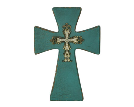 Design-mkt Wood Cross in Turquoie Color Religious Statue Solid Wood Wall Cross with Golden Metal and White Diamand Decoration