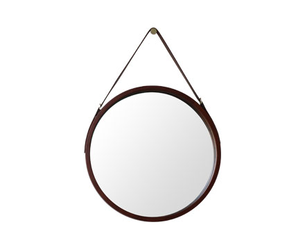 Round Wall Mirror- Brown Circle Mirror Wood Frame with Adjustable Hanging Leather Strap for Bedroom Bathroom Living Room Entryway Vanity