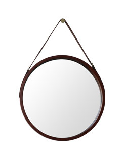 Round Wall Mirror- Brown Circle Mirror Wood Frame with Adjustable Hanging Leather Strap for Bedroom Bathroom Living Room Entryway Vanity