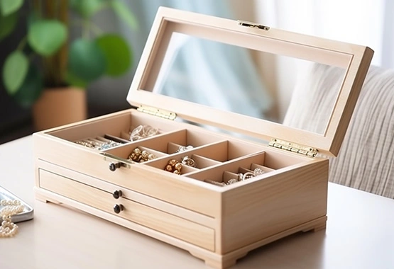 bright wooden jewelry organizer box with transparent cover